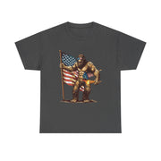 Bigfoot 4th of July T-Shirt – Funny Sasquatch Tee with Fireworks and American Flag for Patriotic Men