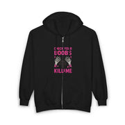 Womens Check Your Boobs Mine Tried to Kill Me Breast Cancer Awareness Zip Hoodie