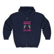 Womens Check Your Boobs Mine Tried to Kill Me Breast Cancer Awareness Zip Hoodie