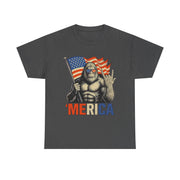 Bigfoot Merica Rock T-Shirt – Patriotic 4th of July Tee with American Flag for Proud USA-Loving Unisex Adults