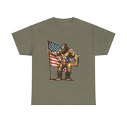 Bigfoot 4th of July T-Shirt – Funny Sasquatch Tee with Fireworks and American Flag for Patriotic Men