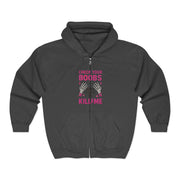 Womens Check Your Boobs Mine Tried to Kill Me Breast Cancer Awareness Zip Hoodie