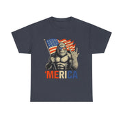 Bigfoot Merica Rock T-Shirt – Patriotic 4th of July Tee with American Flag for Proud USA-Loving Unisex Adults