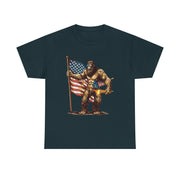 Bigfoot 4th of July T-Shirt – Funny Sasquatch Tee with Fireworks and American Flag for Patriotic Men