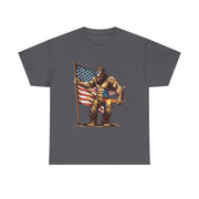 Bigfoot 4th of July T-Shirt – Funny Sasquatch Tee with Fireworks and American Flag for Patriotic Men