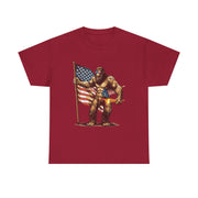 Bigfoot 4th of July T-Shirt – Funny Sasquatch Tee with Fireworks and American Flag for Patriotic Men