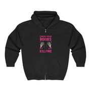 Womens Check Your Boobs Mine Tried to Kill Me Breast Cancer Awareness Zip Hoodie