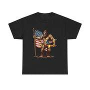 Bigfoot 4th of July T-Shirt – Funny Sasquatch Tee with Fireworks and American Flag for Patriotic Men