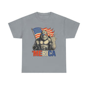 Bigfoot Merica Rock T-Shirt – Patriotic 4th of July Tee with American Flag for Proud USA-Loving Unisex Adults