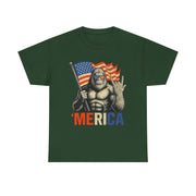 Bigfoot Merica Rock T-Shirt – Patriotic 4th of July Tee with American Flag for Proud USA-Loving Unisex Adults