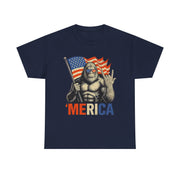 Bigfoot Merica Rock T-Shirt – Patriotic 4th of July Tee with American Flag for Proud USA-Loving Unisex Adults