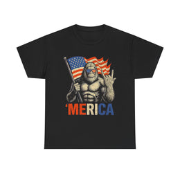 Bigfoot Merica Rock T-Shirt – Patriotic 4th of July Tee with American Flag for Proud USA-Loving Unisex Adults