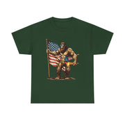 Bigfoot 4th of July T-Shirt – Funny Sasquatch Tee with Fireworks and American Flag for Patriotic Men