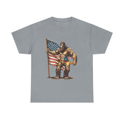 Bigfoot 4th of July T-Shirt – Funny Sasquatch Tee with Fireworks and American Flag for Patriotic Men