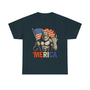 Bigfoot Merica Rock T-Shirt – Patriotic 4th of July Tee with American Flag for Proud USA-Loving Unisex Adults