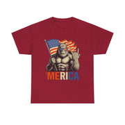 Bigfoot Merica Rock T-Shirt – Patriotic 4th of July Tee with American Flag for Proud USA-Loving Unisex Adults