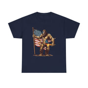 Bigfoot 4th of July T-Shirt – Funny Sasquatch Tee with Fireworks and American Flag for Patriotic Men