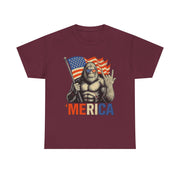 Bigfoot Merica Rock T-Shirt – Patriotic 4th of July Tee with American Flag for Proud USA-Loving Unisex Adults