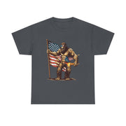 Bigfoot 4th of July T-Shirt – Funny Sasquatch Tee with Fireworks and American Flag for Patriotic Men